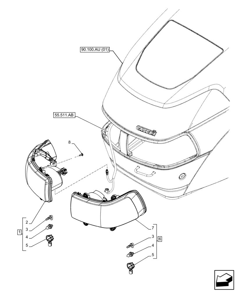 Схема запчастей Case IH FARMALL 105C - (55.404.AQ) - VAR - 332717, 743580, 743581 - HEADLAMP (55) - ELECTRICAL SYSTEMS