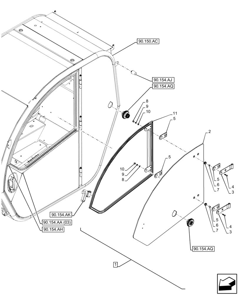 Схема запчастей Case IH FARMLIFT 735 - (90.154.AM) - CAB DOOR, WINDOW (90) - PLATFORM, CAB, BODYWORK AND DECALS