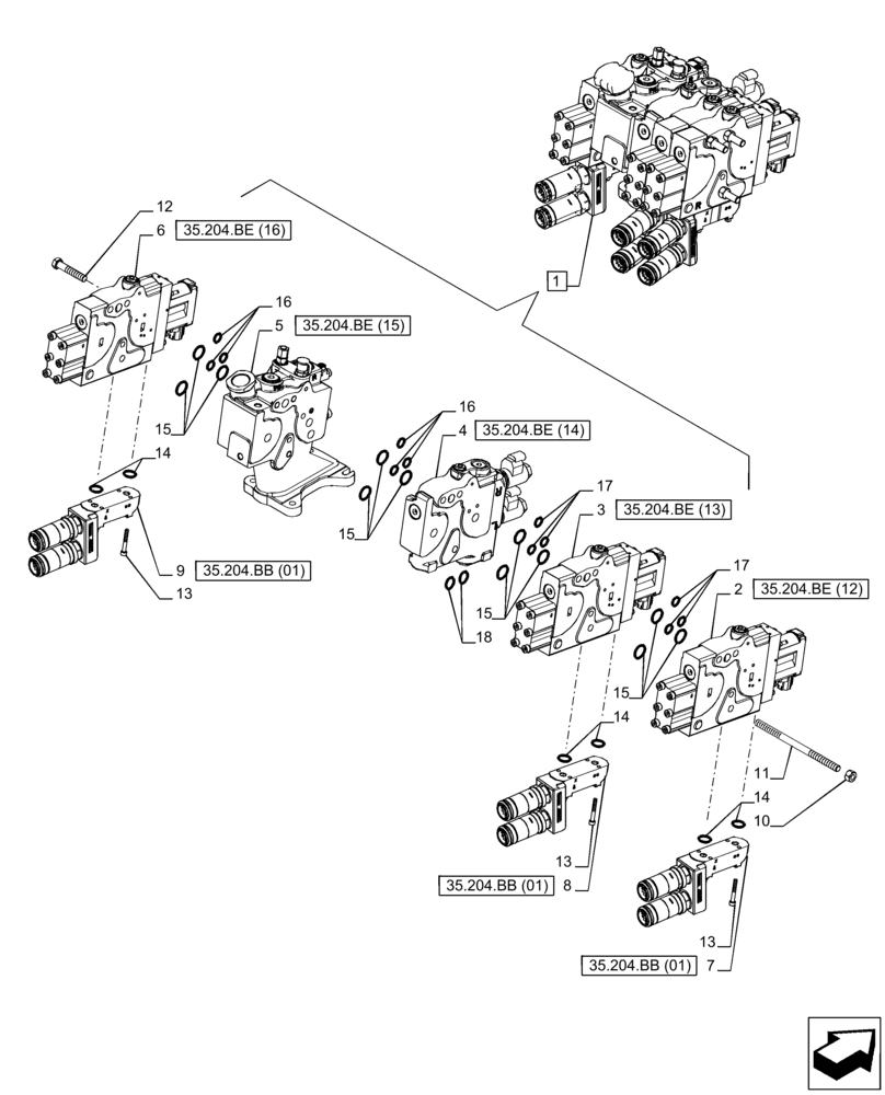 Схема запчастей Case IH PUMA 200 CVT - (35.204.BQ[02]) - VAR - 391165, 758059 - 3 REMOTE CONTROL VALVE (EHR), COMPONENTS (35) - HYDRAULIC SYSTEMS