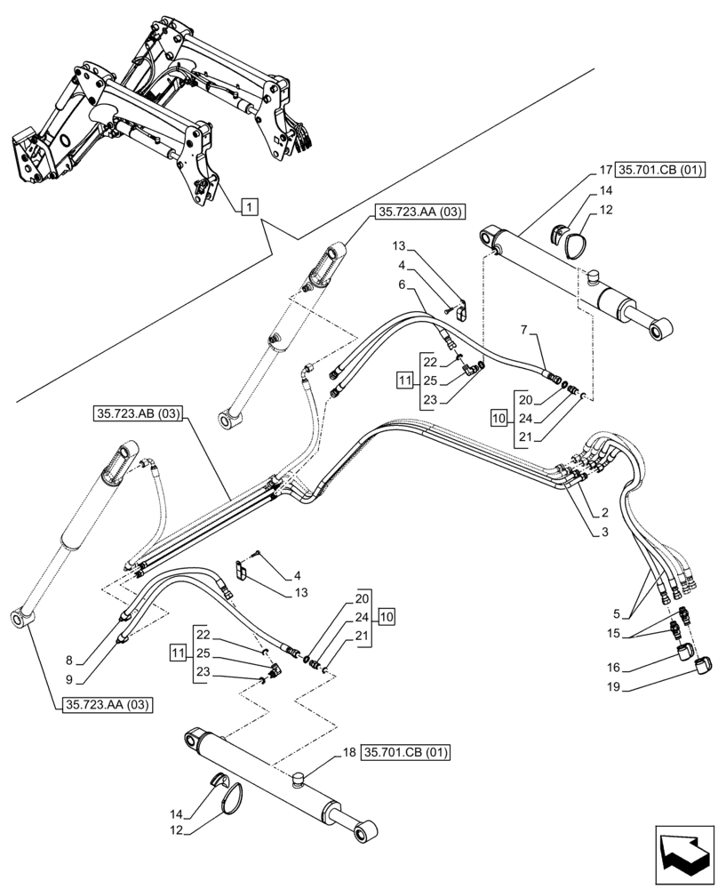 Схема запчастей Case IH FARMALL 95C - (35.701.AX[03]) - VAR - 334489, 339489, 336734, 336736 - LOADER ARM, BOOM CYLINDER LINES (35) - HYDRAULIC SYSTEMS