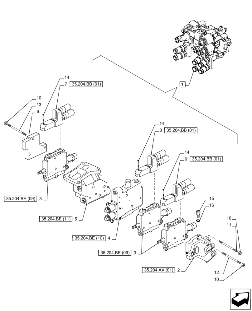 Схема запчастей Case IH PUMA 220 - (35.204.BE[04]) - VAR - 391164 - 3 REMOTE CONTROL VALVE (MHR W/PB), COMPONENTS (35) - HYDRAULIC SYSTEMS