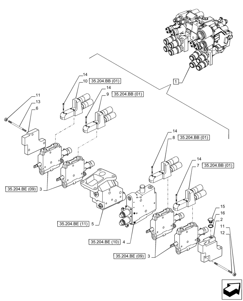 Схема запчастей Case IH PUMA 220 - (35.204.BE[08]) - VAR - 758058 - 4 REMOTE CONTROL VALVE (MHR W/PB), COMPONENTS (35) - HYDRAULIC SYSTEMS