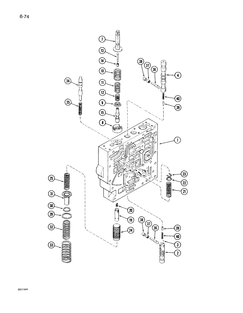 Схема запчастей Case IH 7130 - (6-074) - TRANSMISSION CONTROL VALVE ASSEMBLY, BODY SECTION AND CLUTCH SPOOLS, TWO SPEED REVERSE VALVES (06) - POWER TRAIN