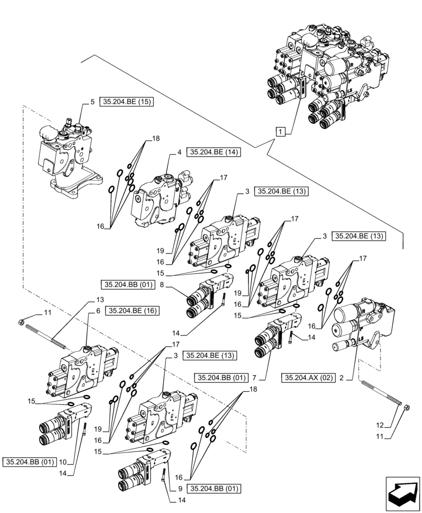 Схема запчастей Case IH PUMA 240 CVT - (35.204.BQ[08]) - VAR - 758060 - 4 REMOTE CONTROL VALVE (EHR W/PB), COMPONENTS (35) - HYDRAULIC SYSTEMS