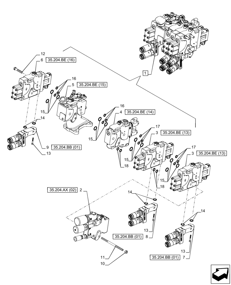 Схема запчастей Case IH PUMA 220 - (35.204.BQ[04]) - VAR - 391165, 758059 - 3 REMOTE CONTROL VALVE (EHR W/PB), COMPONENTS (35) - HYDRAULIC SYSTEMS