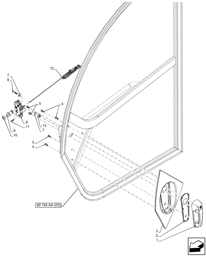 Схема запчастей Case IH FARMLIFT 635 - (90.154.AC) - CAB DOOR, HANDLE (90) - PLATFORM, CAB, BODYWORK AND DECALS