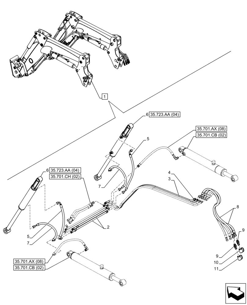 Схема запчастей Case IH FARMALL 105C - (35.723.AB[08]) - VAR - 336745, 336747 - BUCKET CYLINDER, LINES (35) - HYDRAULIC SYSTEMS