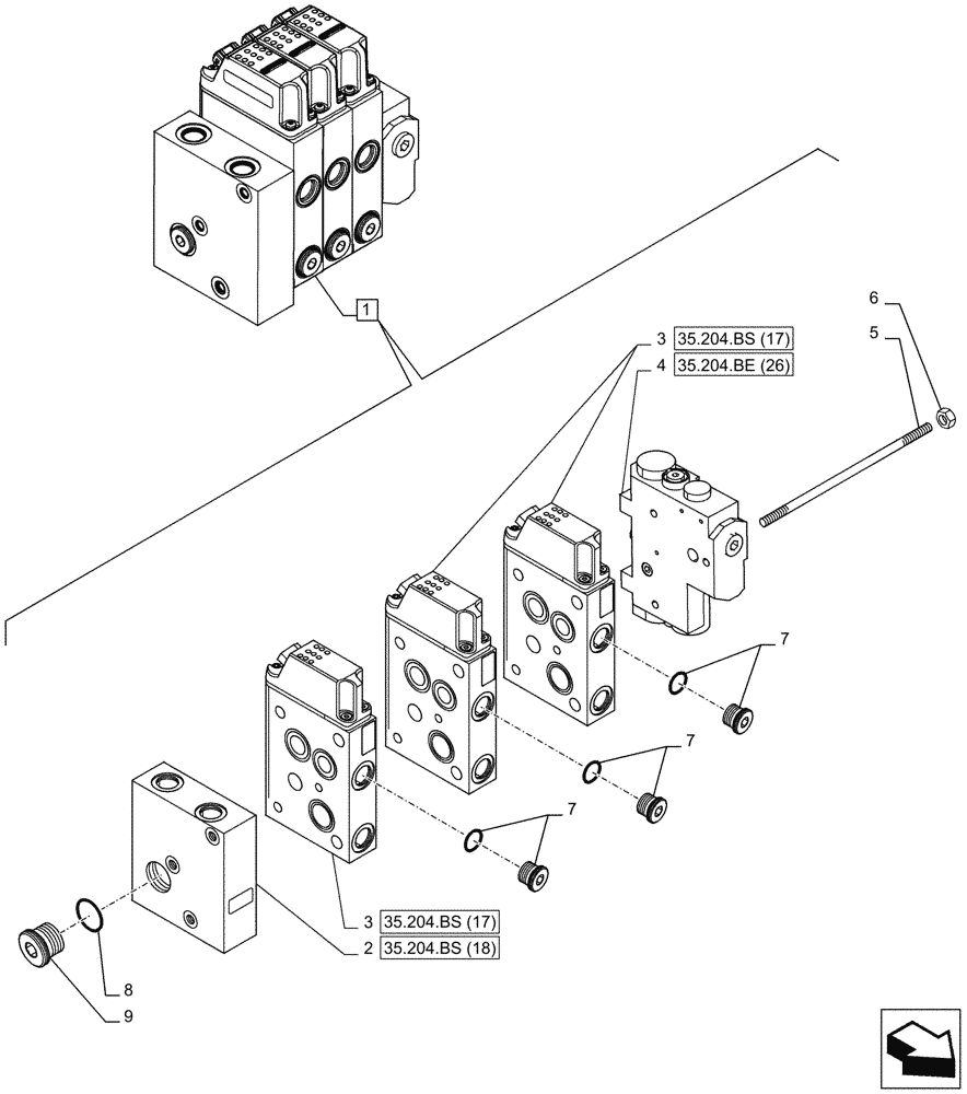 Схема запчастей Case IH PUMA 165 - (35.204.BS[09]) - VAR - 758066 - 3 ELECTRONIC MID MOUNTED VALVES, COMPONENTS (35) - HYDRAULIC SYSTEMS