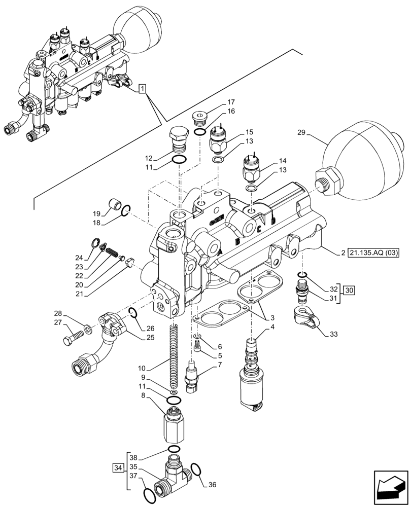 Схема запчастей Case IH FARMALL 95C - (21.135.AQ[02]) - VAR - 391069 - TRANSMISSION, VALVE, COMPONENTS, HI-LO (21) - TRANSMISSION