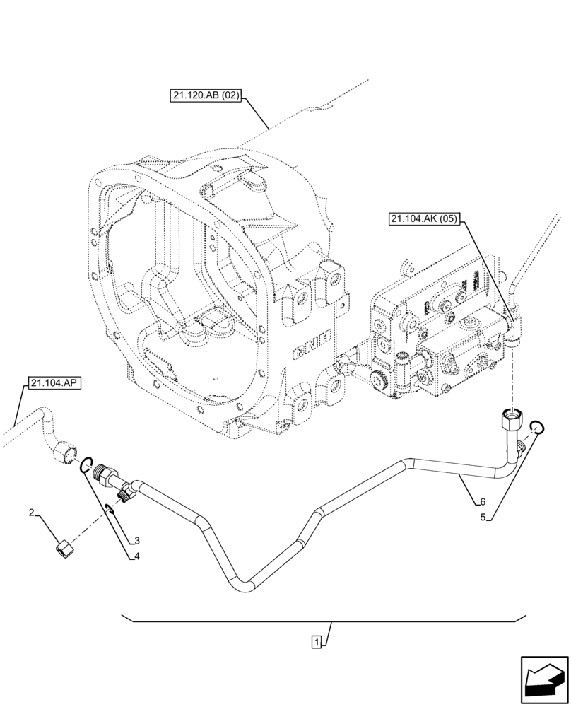 Схема запчастей Case IH FARMALL 115C - (21.104.AL[05]) - VAR - 332069 - TRANSMISSION LUBRICATION LINE (21) - TRANSMISSION