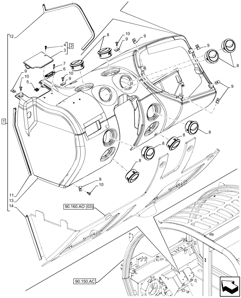 Схема запчастей Case IH FARMLIFT 935 - (90.160.AO[01]) - INSTRUMENT CLUSTER, FRONT - END DATE 28 APRIL 2014 (90) - PLATFORM, CAB, BODYWORK AND DECALS