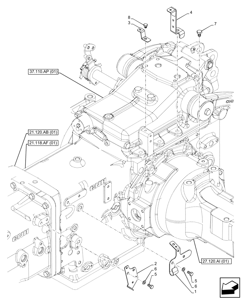 Схема запчастей Case IH FARMALL 95C - (21.118.AF[05]) - VAR - 330069, 332069, 333068, 333069, 390068 - BRACKET (21) - TRANSMISSION