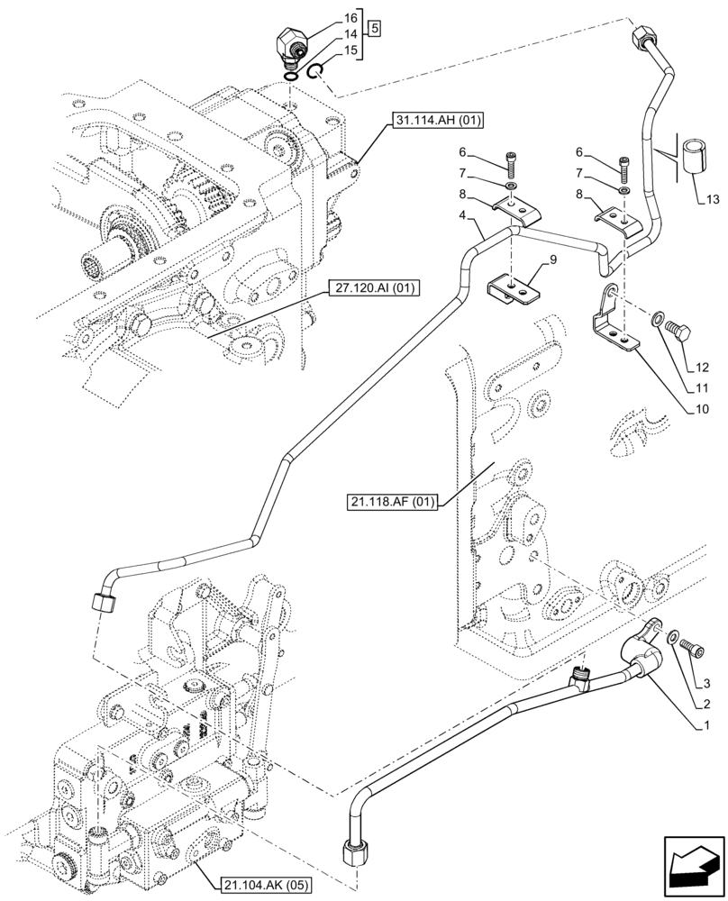 Схема запчастей Case IH FARMALL 85C - (21.104.AL[04]) - VAR - 332069 - TRANSMISSION LUBRICATION LINE (21) - TRANSMISSION