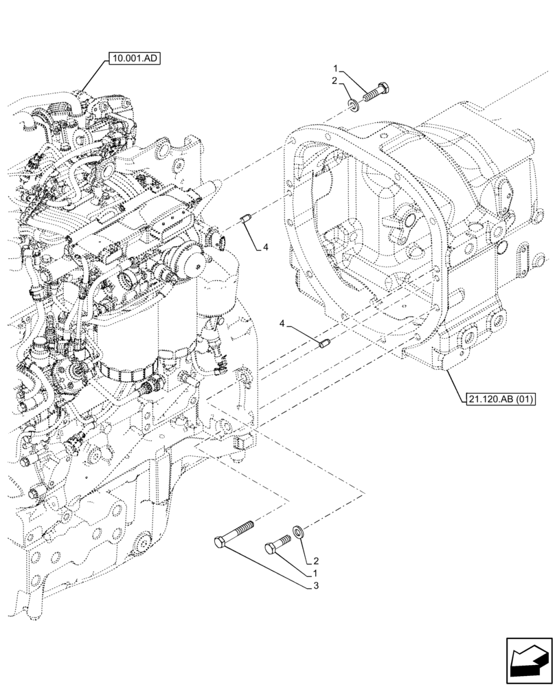 Схема запчастей Case IH FARMALL 115C - (21.120.AB[04]) - VAR - 330069, 332069, 333068, 333069, 390068, 391069 - GEARBOX, MOUNTING PARTS (21) - TRANSMISSION