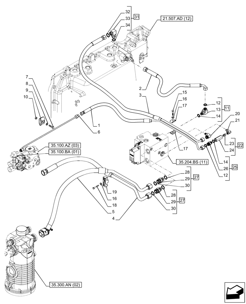 Схема запчастей Case IH PUMA 200 CVT - (35.204.BS[12]) - VAR - 758064 - 1 ELECTRONIC MID MOUNTED VALVES, LINE (35) - HYDRAULIC SYSTEMS