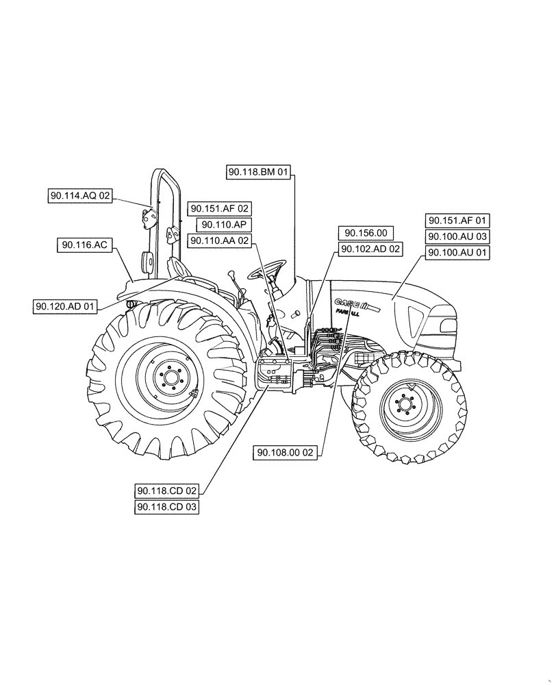 Схема запчастей Case IH FARMALL 50C - (00.000.90[02]) - PICTORIAL INDEX - PLATFORM, CAB, BODYWORK AND DECALS, FARMALL 40C, 50C (00) - GENERAL & PICTORIAL INDEX