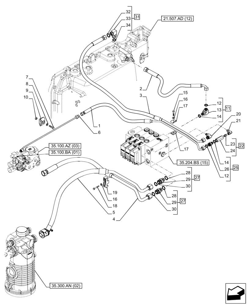 Схема запчастей Case IH PUMA 200 CVT - (35.204.BS[16]) - VAR - 758066 - 3 ELECTRONIC MID MOUNTED VALVES, LINE (35) - HYDRAULIC SYSTEMS