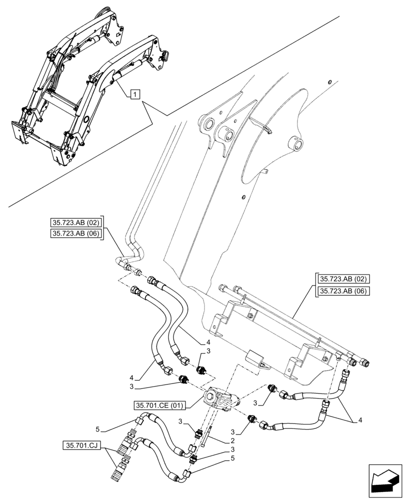 Схема запчастей Case IH FARMALL 85C - (35.701.CH[01]) - VAR - 336731, 336733, 336741, 336743 - LOADER BUCKET, VALVE, PIPE (35) - HYDRAULIC SYSTEMS