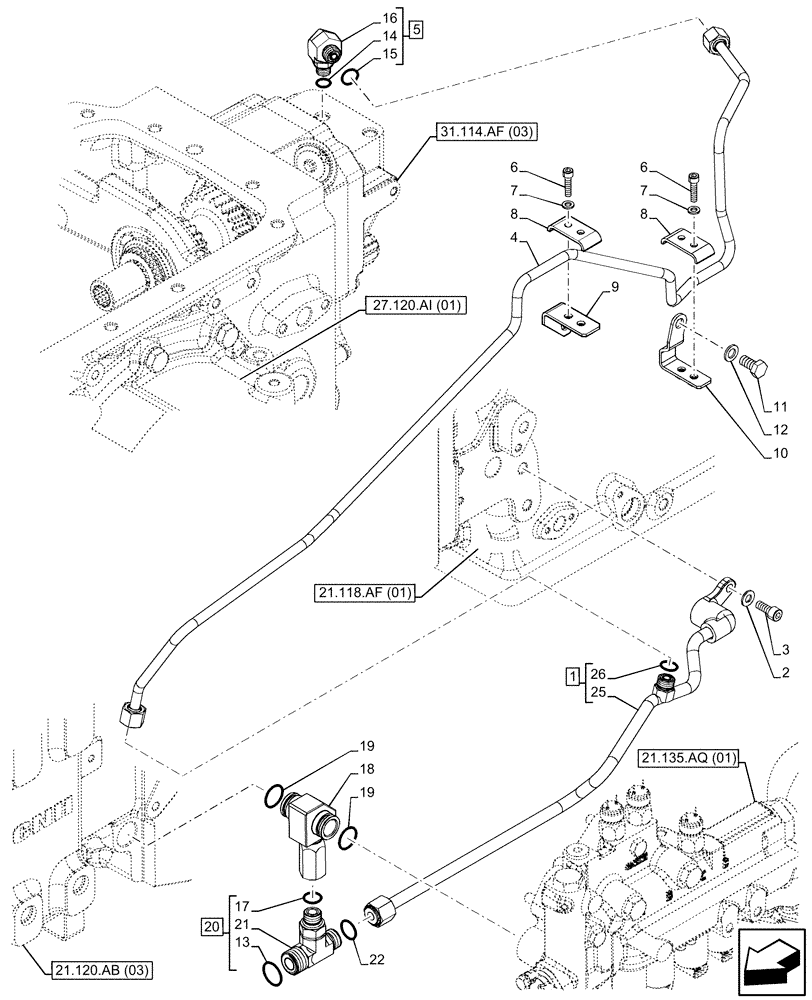 Схема запчастей Case IH FARMALL 115C - (21.135.AQ[04]) - VAR - 391069 - TRANSMISSION LUBRICATION LINE, HI-LO (21) - TRANSMISSION