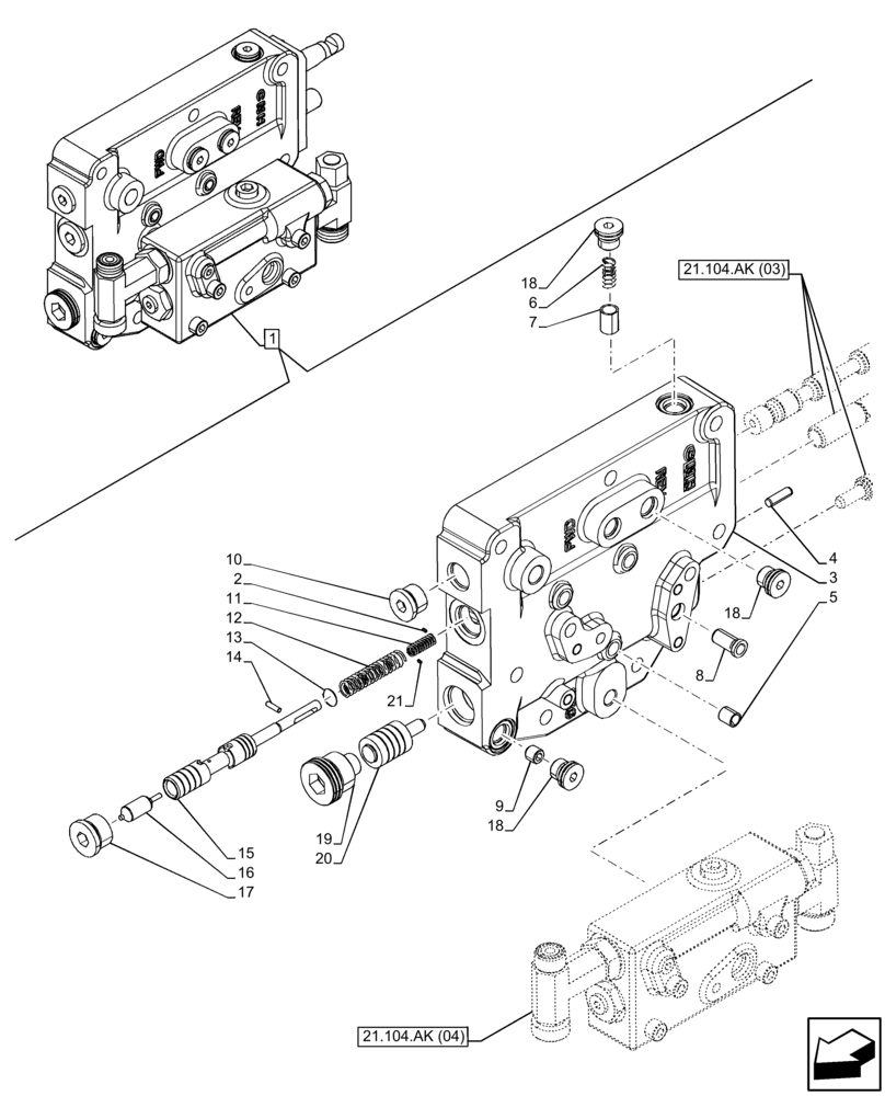 Схема запчастей Case IH FARMALL 105C - (21.104.AK[02]) - VAR - 330276, 334176 - TRANSMISSION, PRESSURE CONTROL VALVE, COMPONENTS (21) - TRANSMISSION