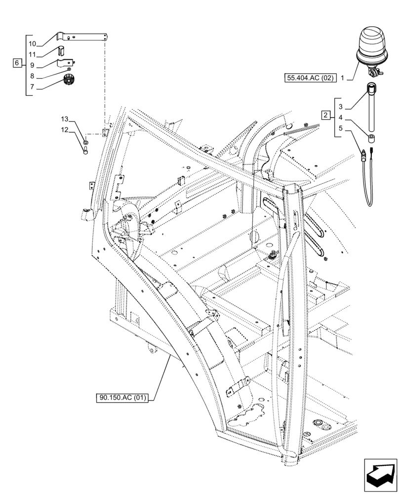 Схема запчастей Case IH PUMA 150 CVT - (55.404.AC[02]) - VAR - 758167, 758169 - BEACON, RH (55) - ELECTRICAL SYSTEMS