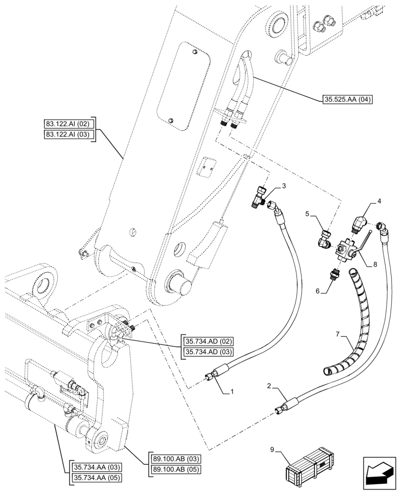 Схема запчастей Case IH FARMLIFT 742 - (35.525.AD[02]) - VAR - 749148, 749483, 749485 - QUICK COUPLER, VALVE, LINE (35) - HYDRAULIC SYSTEMS