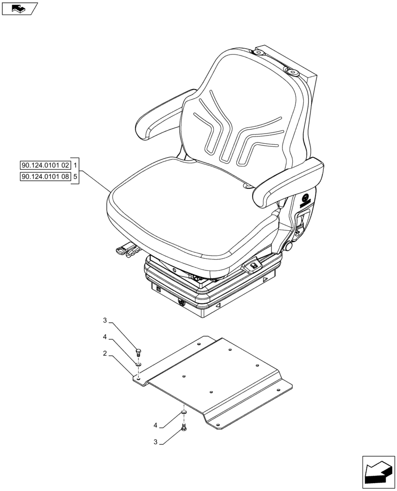 Схема запчастей Case IH FARMALL 65C - (90.124.0101[01]) - FABRIC SEAT WITH SAEFTY SWITCH, ARMREST, AIR SUPENSION AND 15° SWIVEL - W/CAB (VAR.332850) (90) - PLATFORM, CAB, BODYWORK AND DECALS