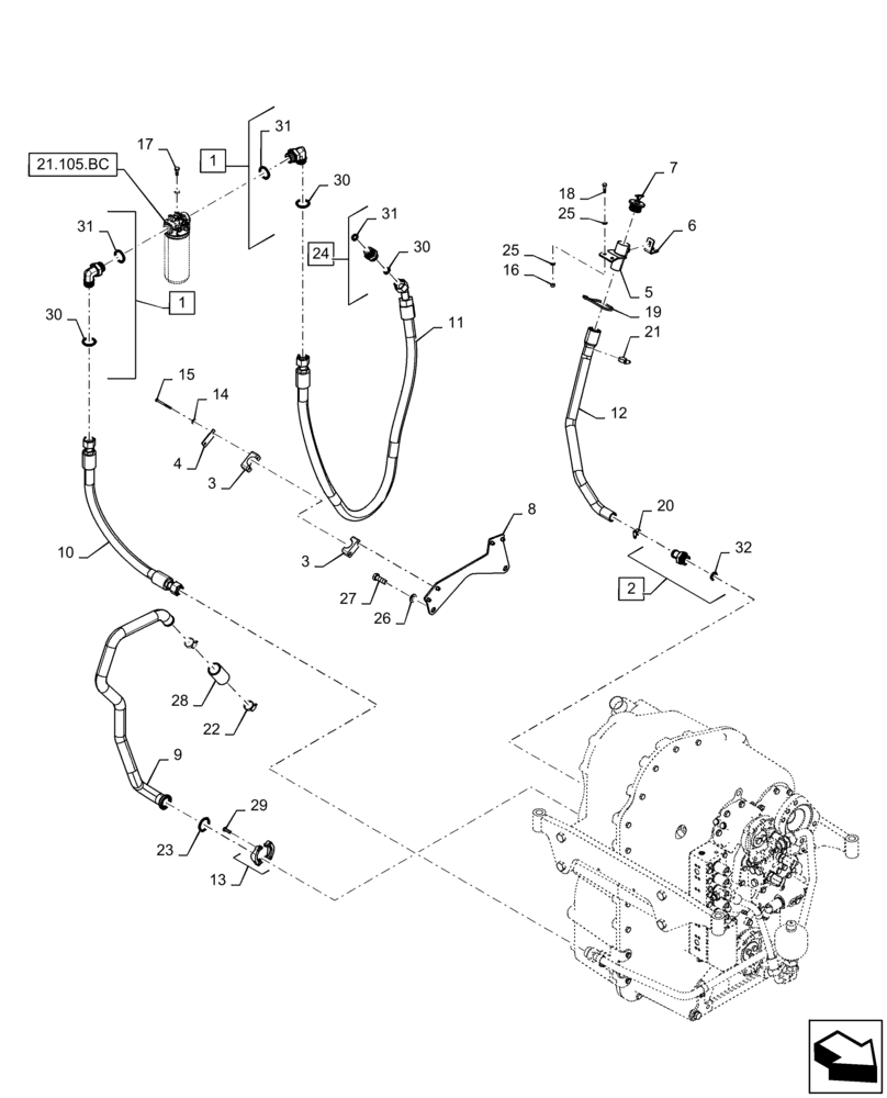 Схема запчастей Case IH QUADTRAC 500 - (21.105.BL[02]) - TRANSMISSION LUBRICATION LINES, REAR, 470, 500 HD, 540 HD, BSN ZFF308000 (21) - TRANSMISSION