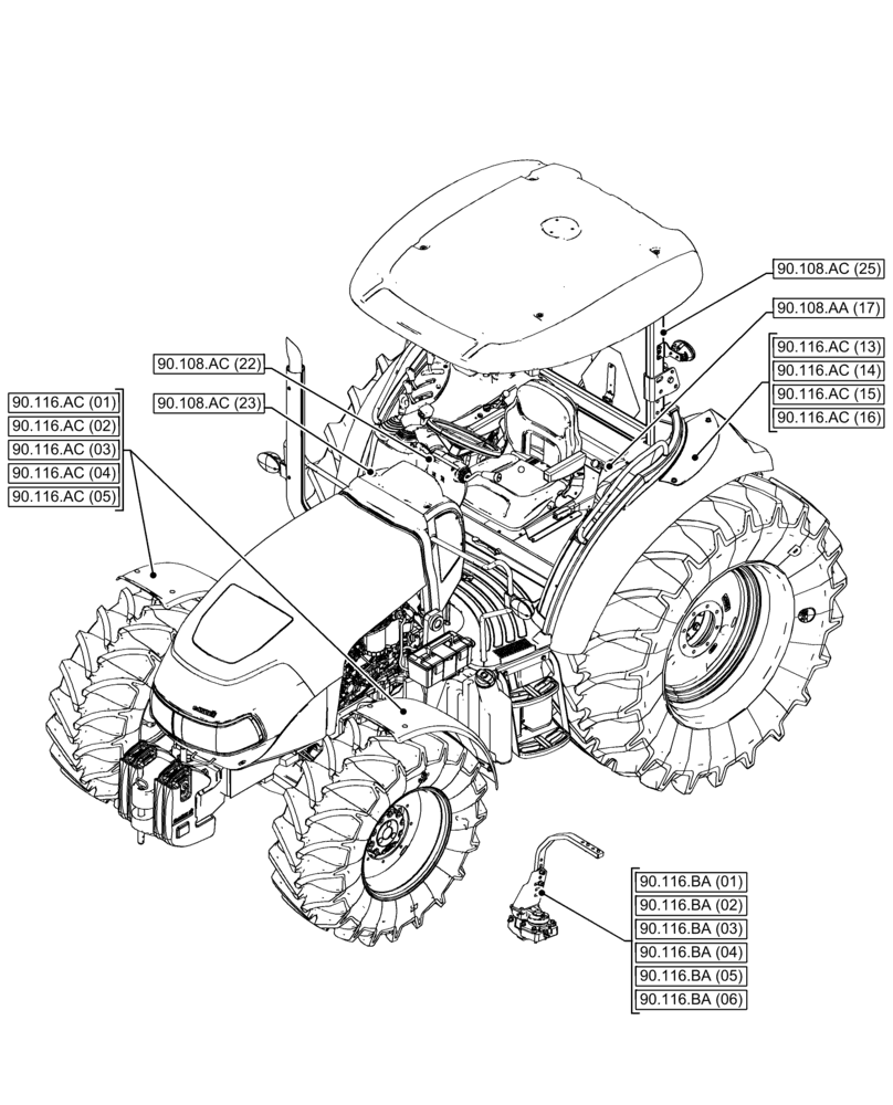Схема запчастей Case IH FARMALL 115C - (00.000.90[04]) - PICTORIAL INDEX - PLATFORM, CAB, BODYWORK AND DECALS (00) - GENERAL & PICTORIAL INDEX