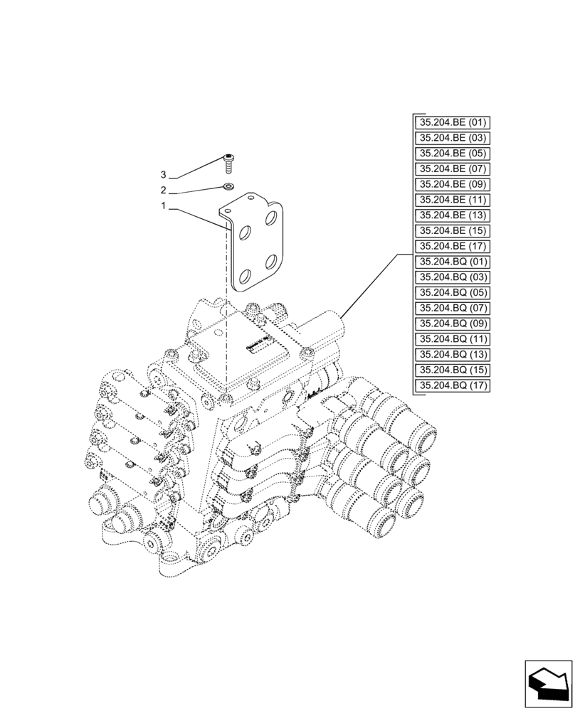 Схема запчастей Case IH PUMA 165 - (35.204.BE[30]) - VAR - 758038, 758039, 758041, 758042, 758043, 758044 - REMOTE CONTROL VALVE, BRACKET (STOWAGE) (35) - HYDRAULIC SYSTEMS