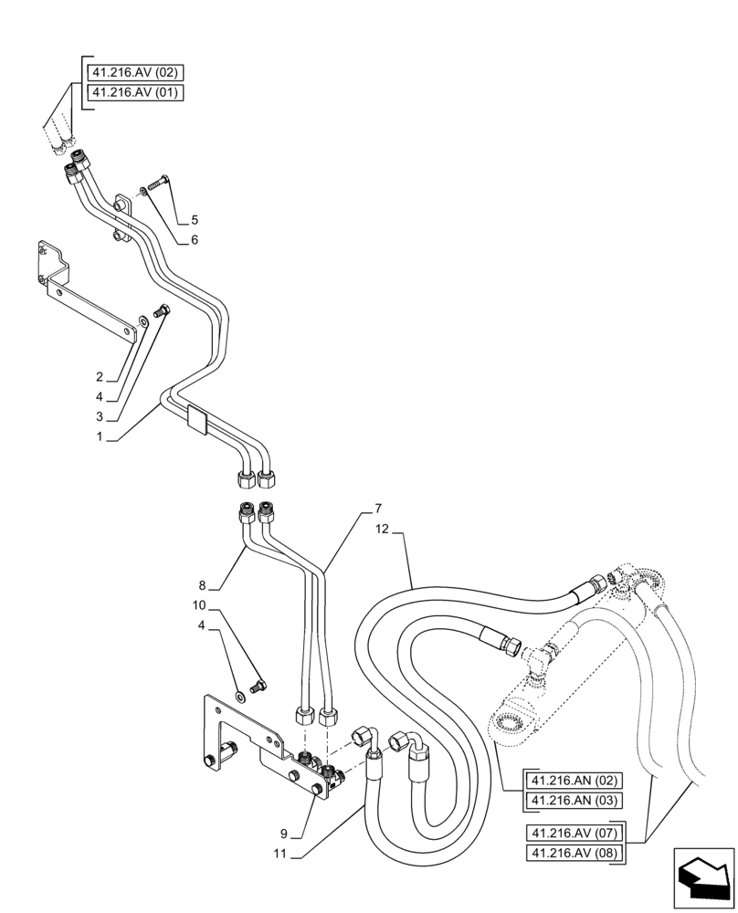 Схема запчастей Case IH PUMA 150 CVT - (41.216.AV[04]) - VAR - 758045, 758046 - FRONT AXLE, SUSPENDED, STEERING CYLINDER HYD. LINE (41) - STEERING