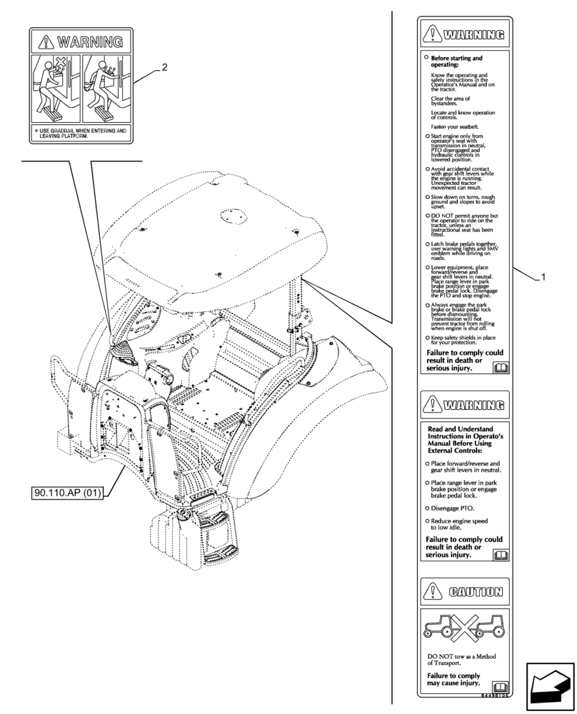 Схема запчастей Case IH FARMALL 95C - (90.108.AC[25]) - VAR - 334255, 334256, 334257 - WARNING DECAL, W/O CAB (90) - PLATFORM, CAB, BODYWORK AND DECALS