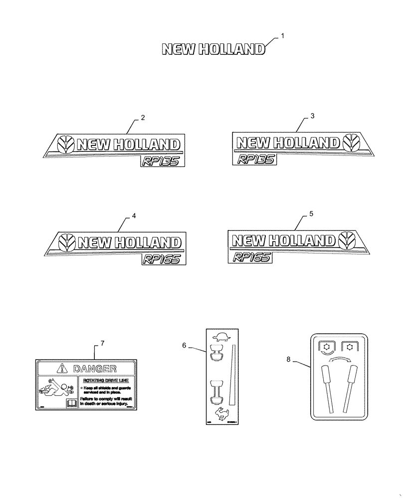 Схема запчастей Case IH RP135 - (90.108.AB[02]) - DECALS, NEW HOLLAND (90) - PLATFORM, CAB, BODYWORK AND DECALS