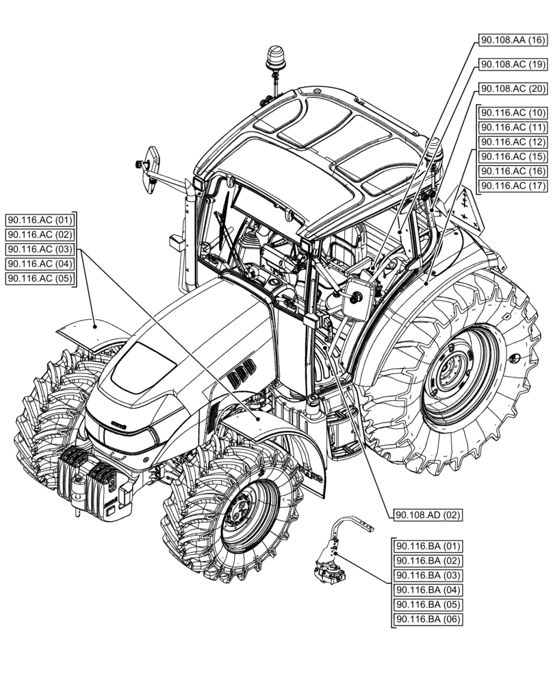 Схема запчастей Case IH FARMALL 115C - (00.000.90[05]) - PICTORIAL INDEX - PLATFORM, CAB, BODYWORK AND DECALS (00) - GENERAL & PICTORIAL INDEX