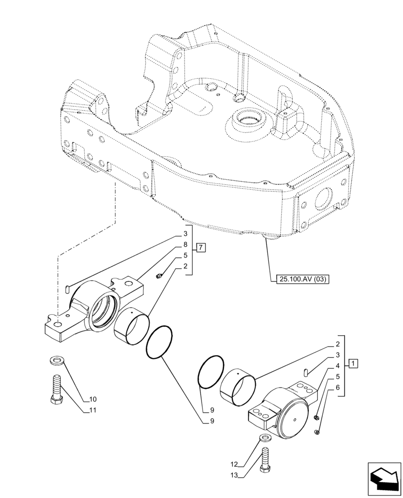 Схема запчастей Case IH PUMA 165 CVT - (25.100.AV[06]) - VAR - 758047 - FRONT AXLE SUPPORT, TRUNNION (25) - FRONT AXLE SYSTEM