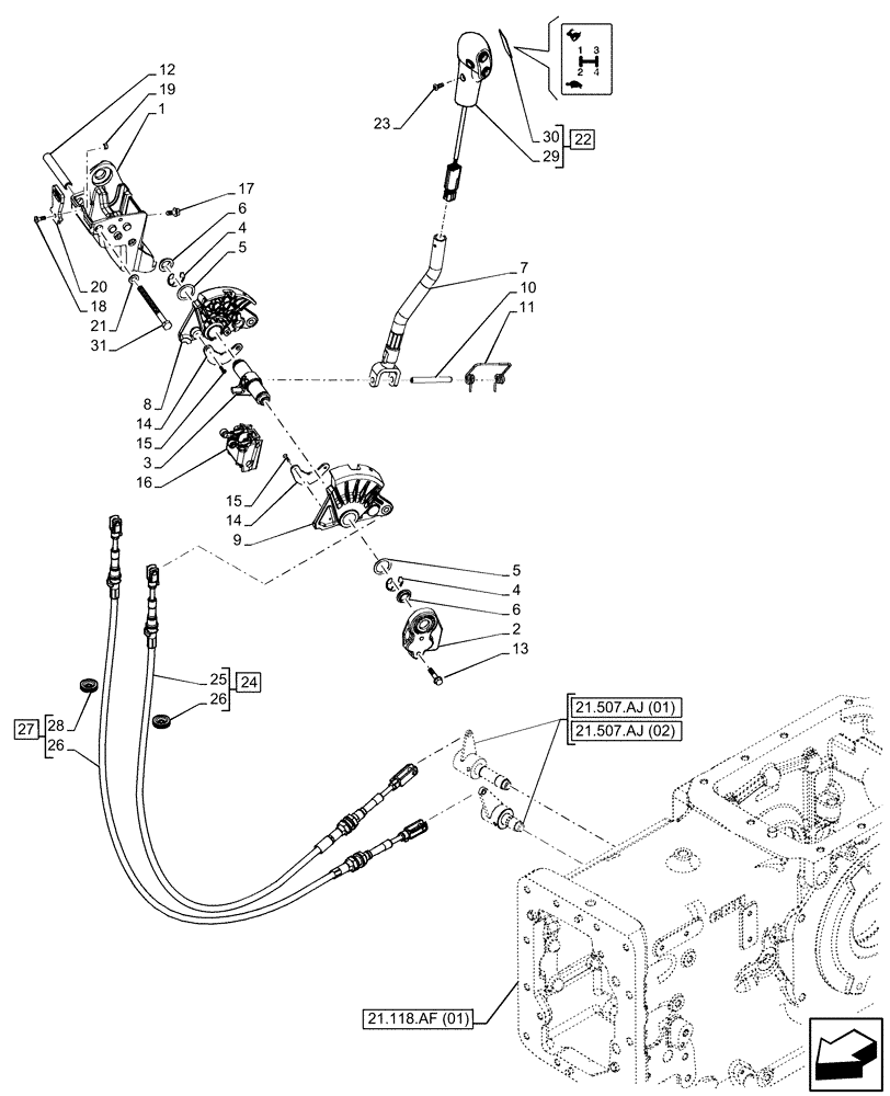 Схема запчастей Case IH FARMALL 85C - (21.134.AI[07]) - VAR - 334177, 390275 - TRANSMISSION, CONTROL LEVER, GEARSHIFT, HI-LO (21) - TRANSMISSION