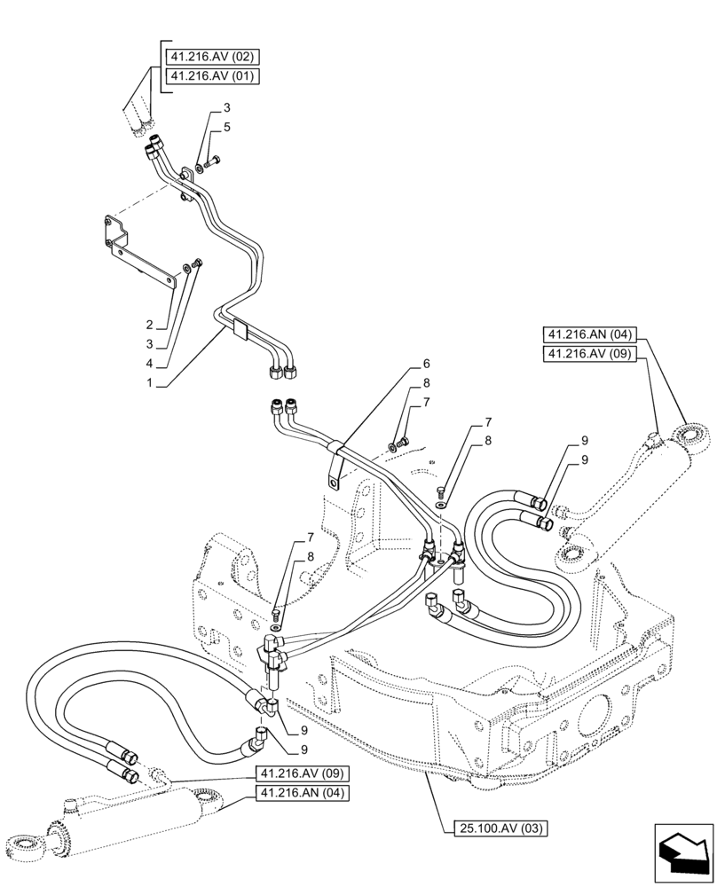 Схема запчастей Case IH PUMA 165 - (41.216.AV[05]) - VAR - 758047 - SUPERSTEER FRONT AXLE, STEERING CYLINDER HYD. LINE (41) - STEERING