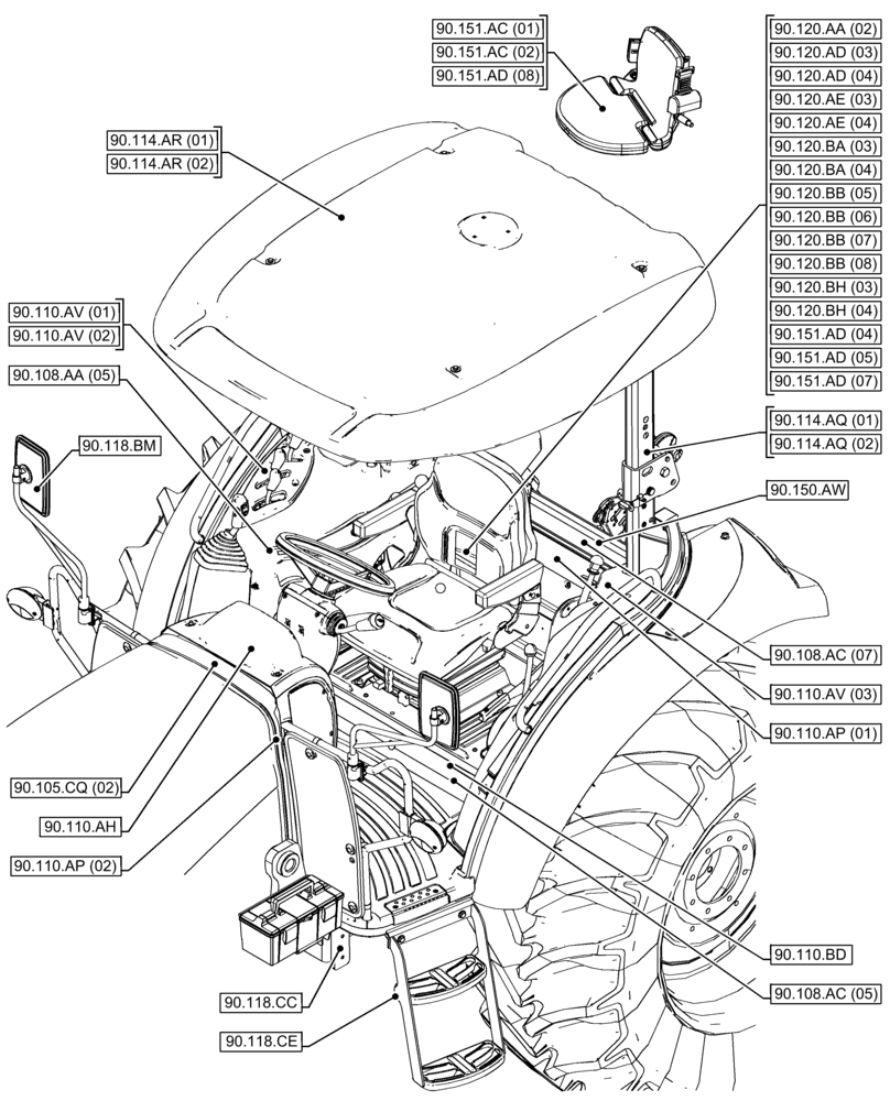 Схема запчастей Case IH FARMALL 115C - (00.000.90[02]) - PICTORIAL INDEX - PLATFORM, CAB, BODYWORK AND DECALS (00) - GENERAL & PICTORIAL INDEX