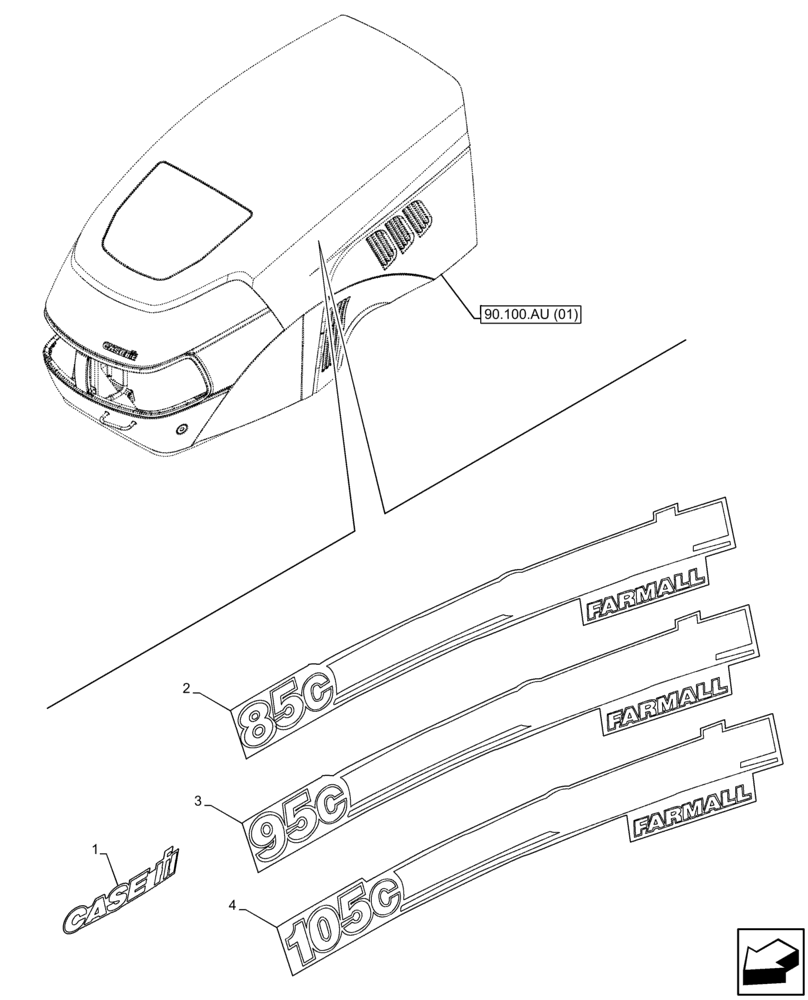 Схема запчастей Case IH FARMALL 95C - (90.108.AB[02]) - VAR - 334255, 334256, 334257 - BRAND AND MODEL DECALS (90) - PLATFORM, CAB, BODYWORK AND DECALS