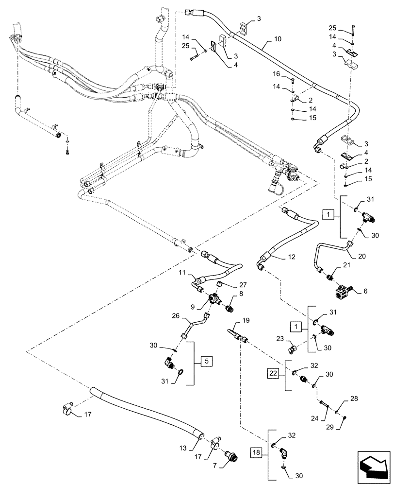 Схема запчастей Case IH QUADTRAC 470 - (35.733.AC[04]) - FRONT AXLE LUBRICATION LINES, W/ DIFFERENTIAL LOCK (35) - HYDRAULIC SYSTEMS