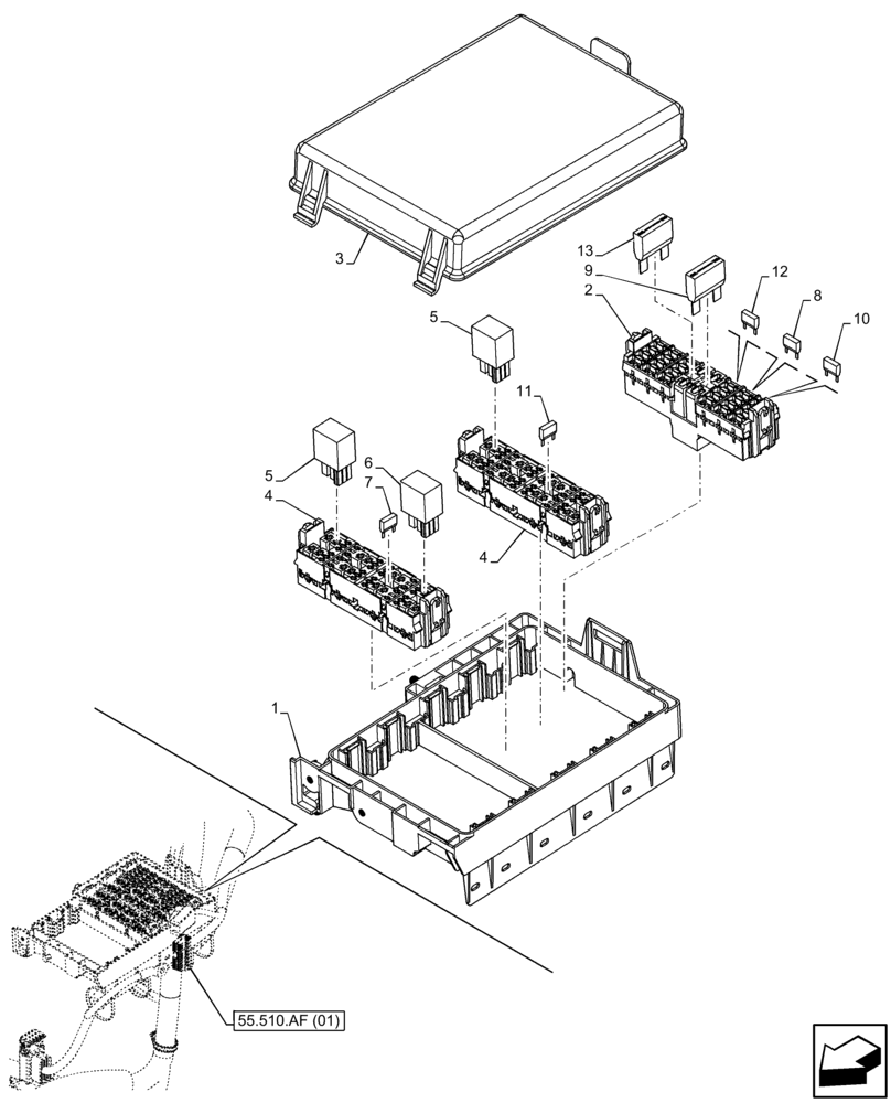 Схема запчастей Case IH FARMALL 105C - (55.100.DO[01]) - VAR - 335754, 390754 - FUSE, RELAY, HARNESS, CAB (55) - ELECTRICAL SYSTEMS