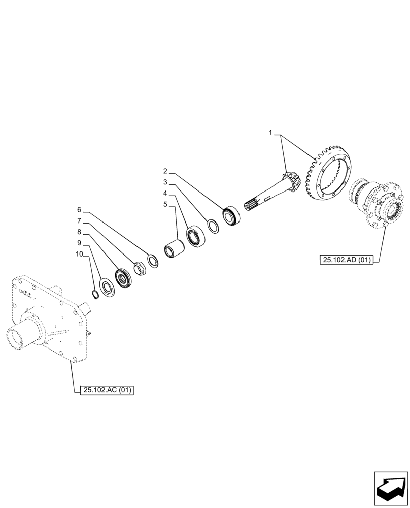 Схема запчастей Case IH PUMA 185 CVT - (25.102.AB[01]) - VAR - 391157 - 4WD FRONT AXLE, BEVEL PINION (25) - FRONT AXLE SYSTEM