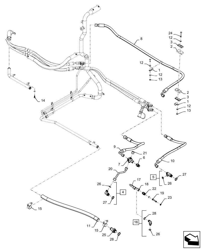 Схема запчастей Case IH QUADTRAC 470 - (35.733.AC[01]) - FRONT AXLE LUBRICATION LINES, W/O DIFFERENTIAL LOCK (35) - HYDRAULIC SYSTEMS