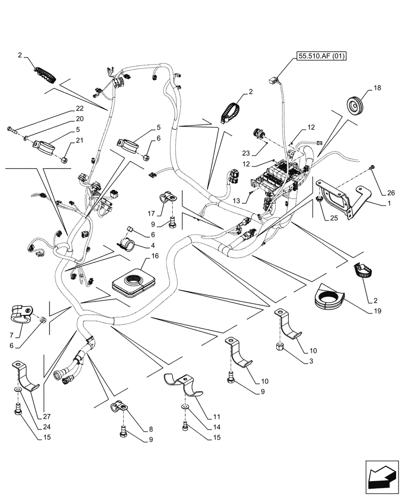 Схема запчастей Case IH FARMALL 115C - (55.510.AF[04]) - VAR - 335754, 390754 - MAIN HARNESS, BRACKET, CABLE CLIP, CAB, HI-LO (55) - ELECTRICAL SYSTEMS