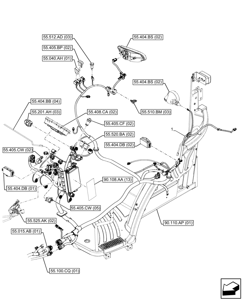 Схема запчастей Case IH FARMALL 115C - (55.510.BO[03]) - VAR - 335754, 390754 - MAIN HARNESS, W/O CAB, HI-LO (55) - ELECTRICAL SYSTEMS