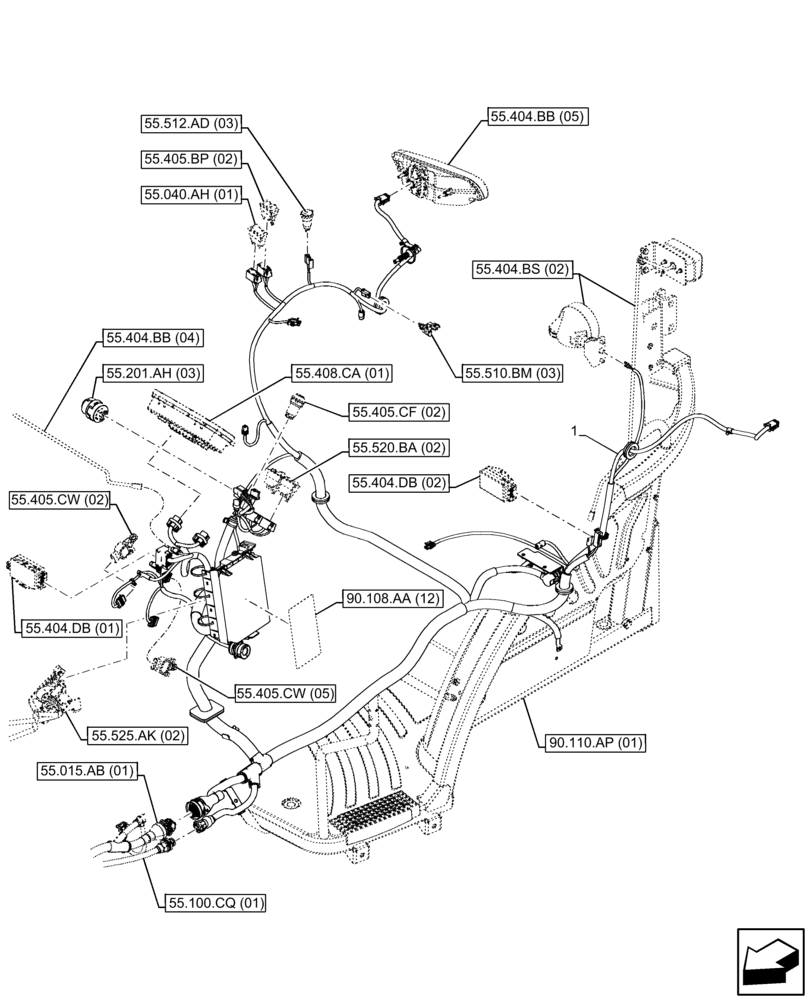 Схема запчастей Case IH FARMALL 105C - (55.510.BO[01]) - VAR - 335754, 390754 - MAIN HARNESS, W/O CAB (55) - ELECTRICAL SYSTEMS