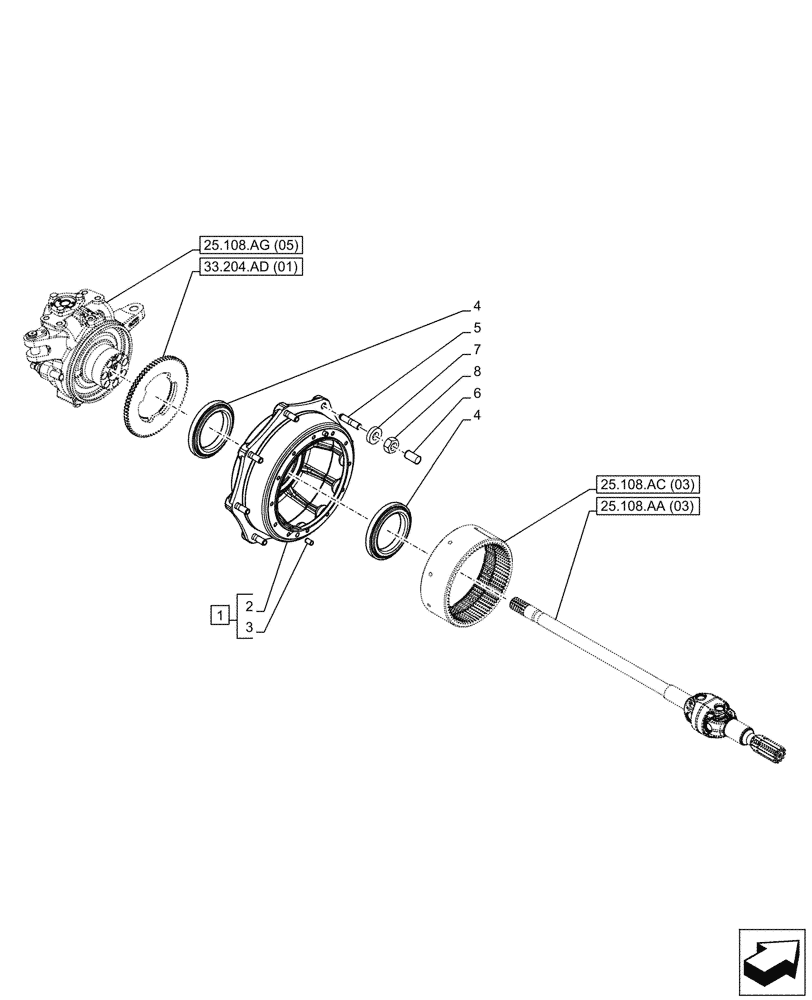 Схема запчастей Case IH PUMA 240 CVT - (25.108.AN[03]) - VAR - 758049 - FRONT AXLE, SUSPENSION W/BRAKES, WHEEL, HUB (25) - FRONT AXLE SYSTEM