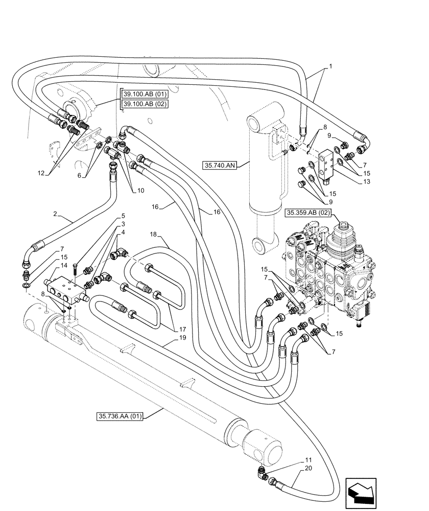 Схема запчастей Case IH FARMLIFT 525 - (35.204.BJ[04]) - VAR - 749296 - REMOTE CONTROL VALVE, LINES (35) - HYDRAULIC SYSTEMS