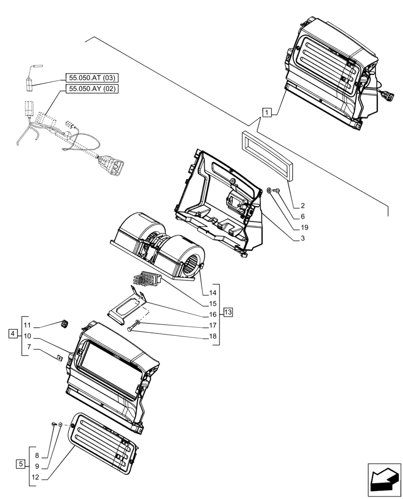 Схема запчастей Case IH PUMA 150 CVT - (55.050.AS[03]) - VAR - 758256, 758258, 758259, 758260, 758261, 758262, 758263, 758264, 758265 - AIR CONDITIONING WITH ATC, BLOWER, COMPONENTS (55) - ELECTRICAL SYSTEMS