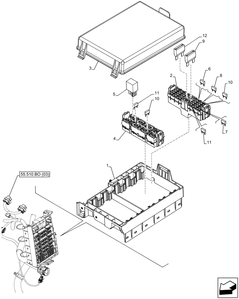 Схема запчастей Case IH FARMALL 95C - (55.100.DO[04]) - VAR - 335754, 390754 - FUSE, RELAY, HARNESS, W/O CAB, HI-LO (55) - ELECTRICAL SYSTEMS